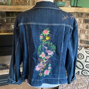 CHICOS Jean jacket. Beautiful embroidery!! Cotton with stretch. Size 3 = XL.